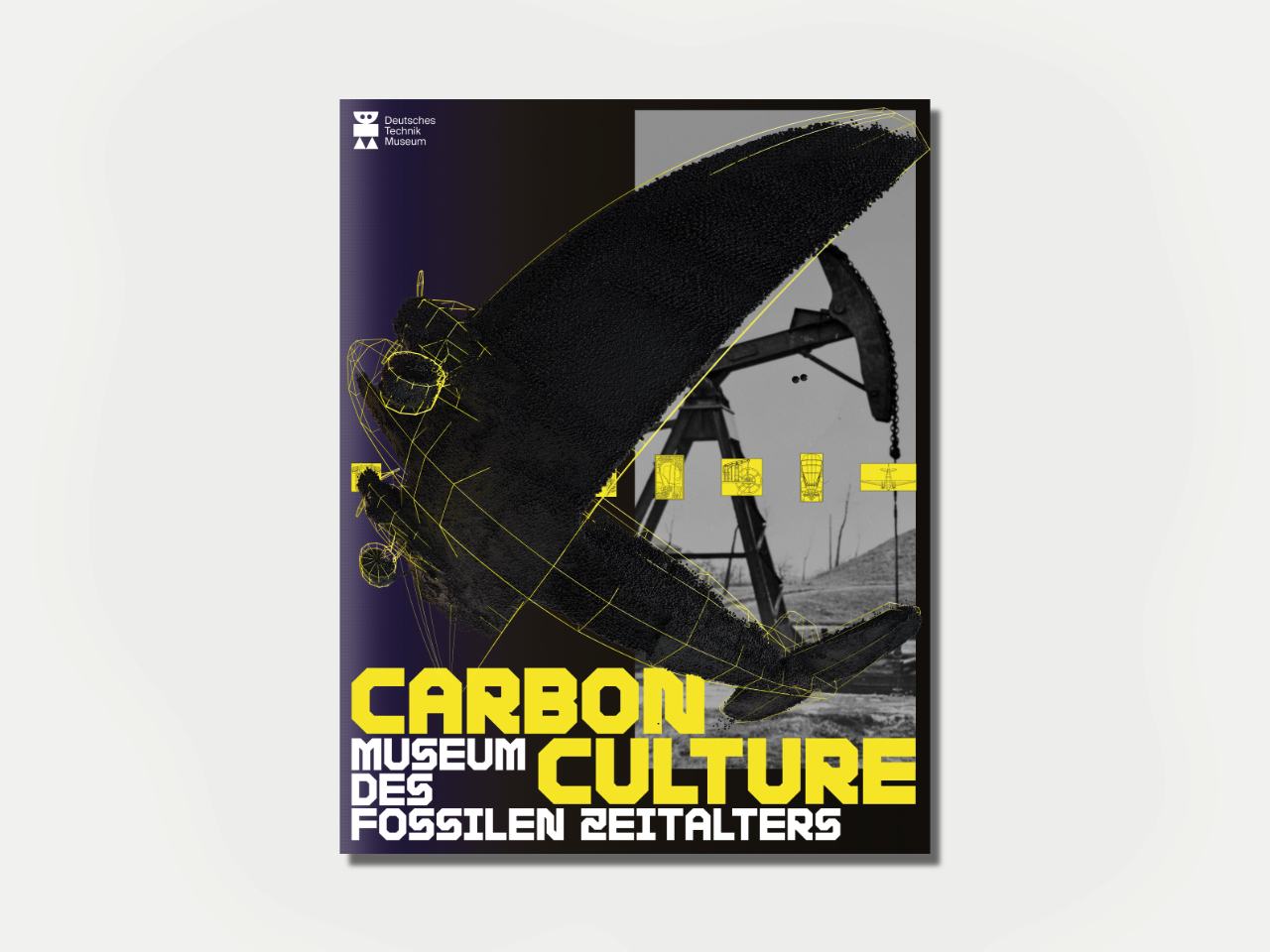 Buchcover des Deutschen Technikmuseums: "Carbon Culture – Museum des fossilen Zeitalters" mit 3D-Elementen und Ölförderpumpe im Hintergrund.