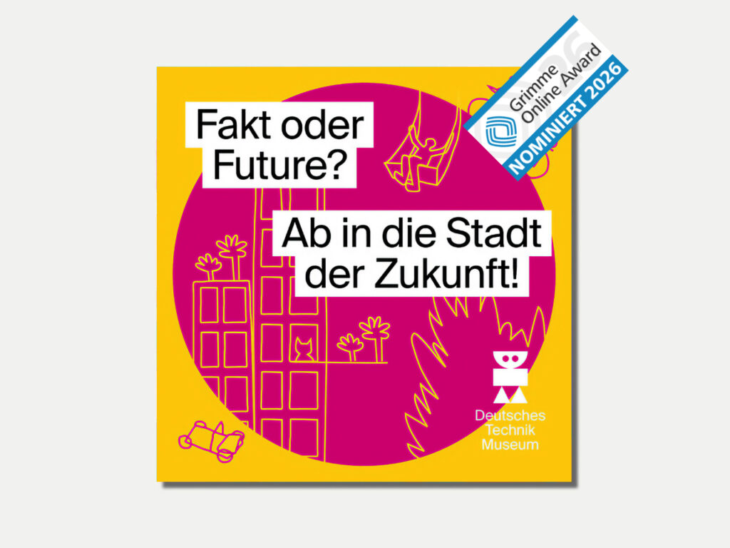 Podcast-Cover des Deutschen Technikmuseums: "Fakt oder Future? Ab in die Stadt der Zukunft!" mit stilisierter Stadtgrafik auf gelb-pinkfarbenem Hintergrund.